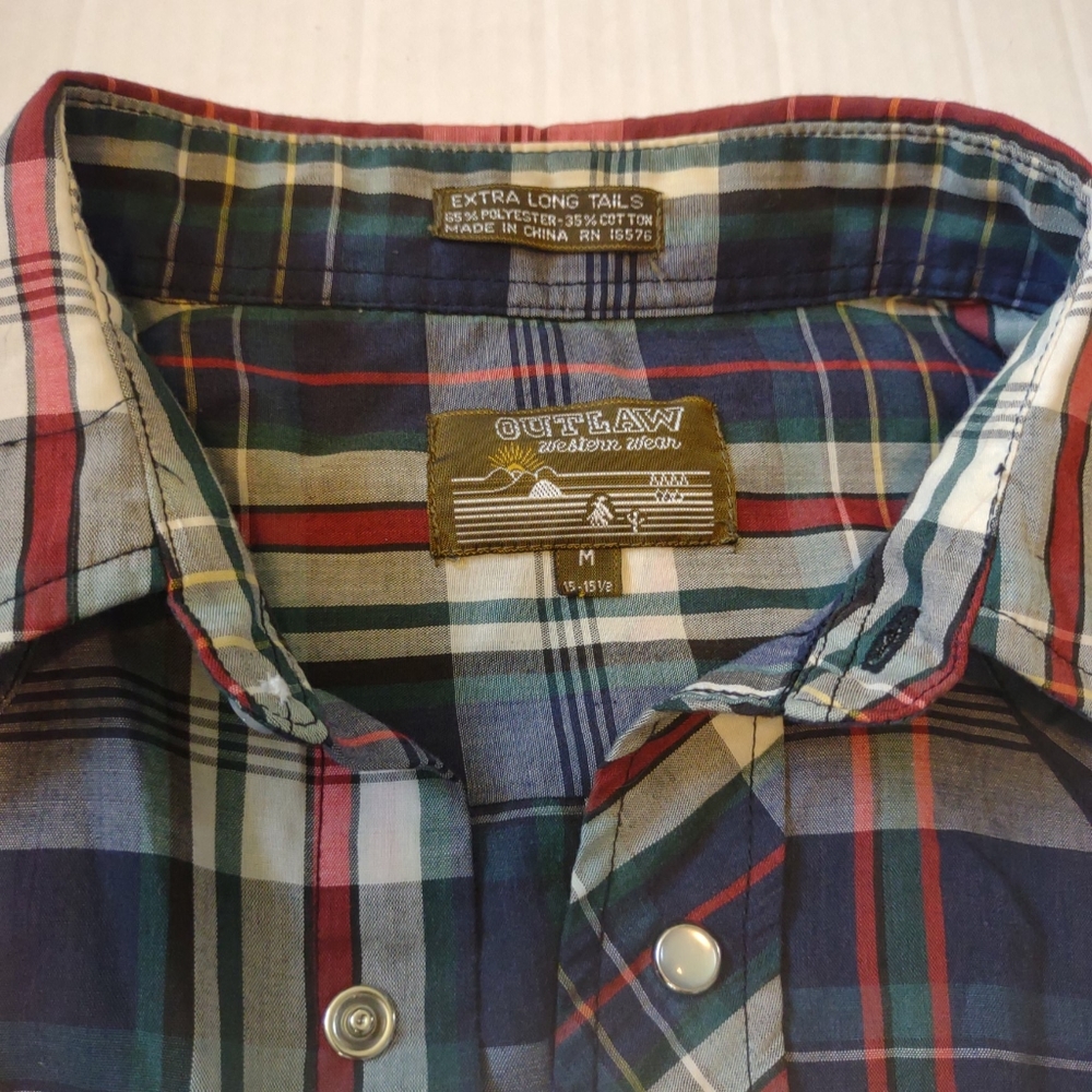 Vintage Outlaw Western Wear  Long Sleeve  Pearl Snap  Plaid Red green blue Med - Picture 3 of 5
